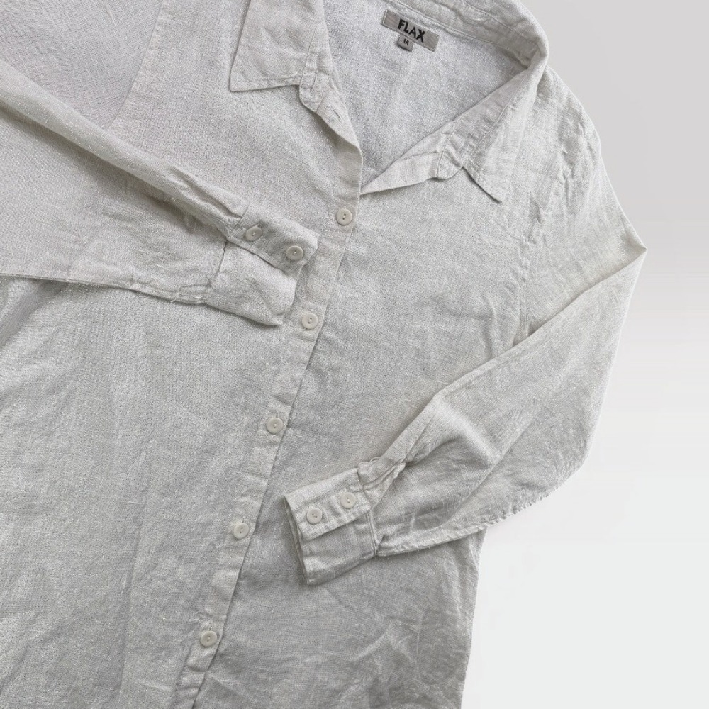 Flax Button Up Blouse Women M Metallic Silver Sparkle Shimmer Linen Lagenlook
